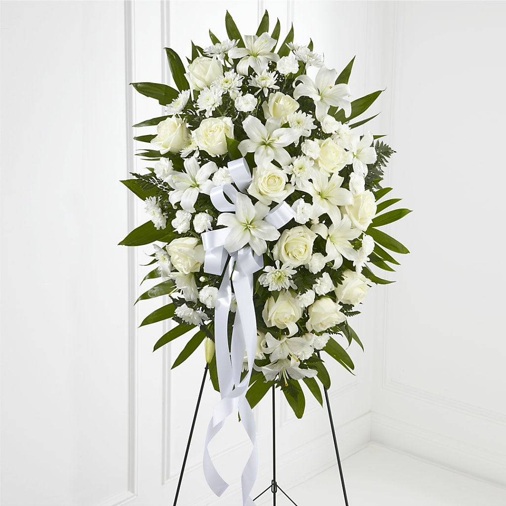 Exquisite Tribute Standing Spray-White Ribbon – PAULINE'S BLOOMERS, Brunswick ME