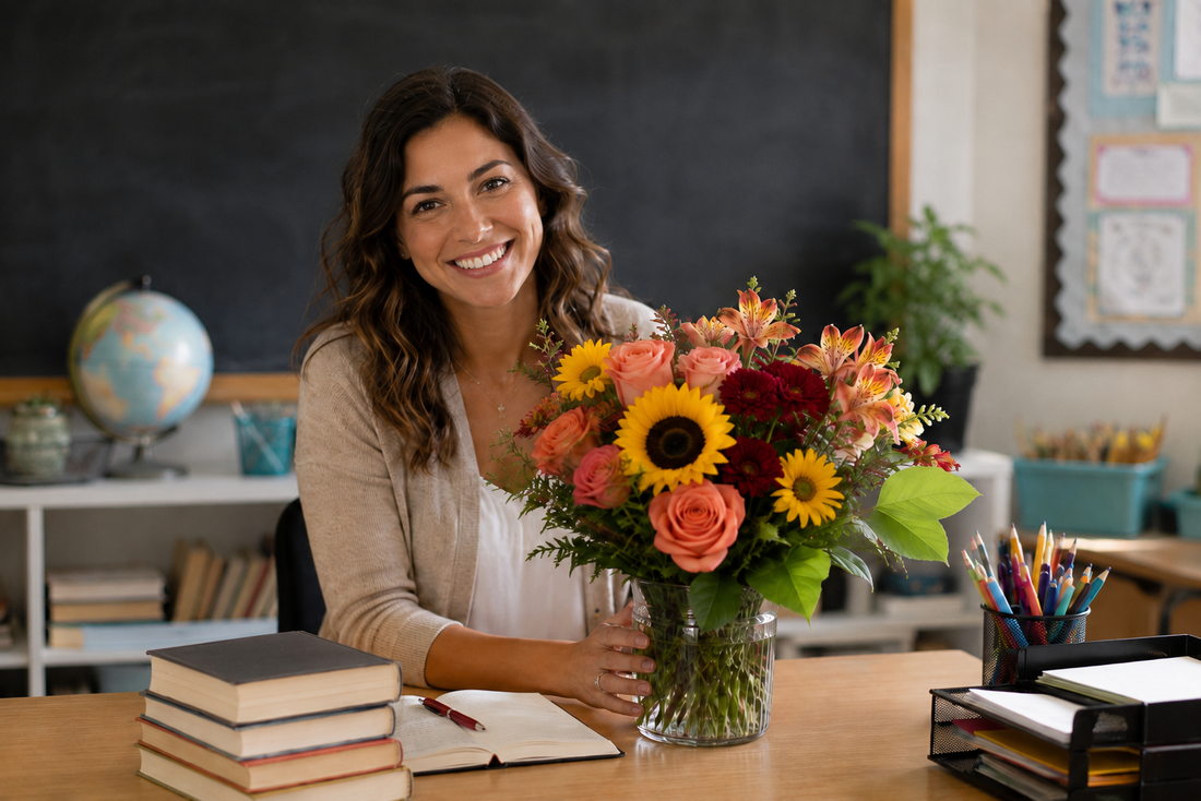 teacher sitting at desk with beautiful flower bouquet in front of her