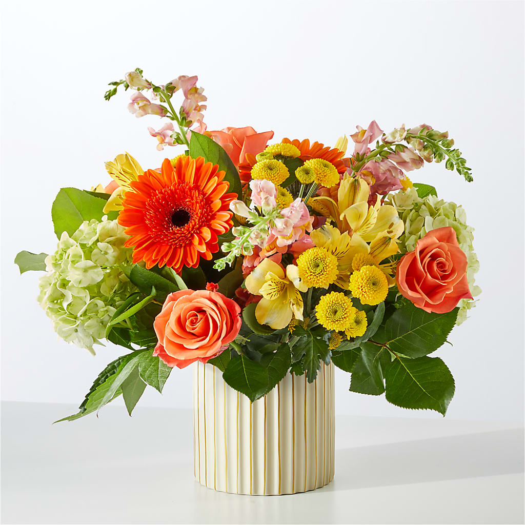 Autumn Sunshine Bouquet with Ivory Vase – PAULINE'S BLOOMERS, Brunswick ME